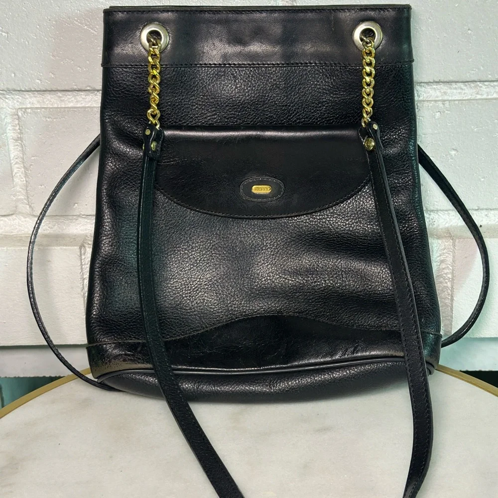 Vintage Bally Pebble Leather Bucket Shoulder Bag Gold Chain Front Flap Pocket - Picture 1 of 8